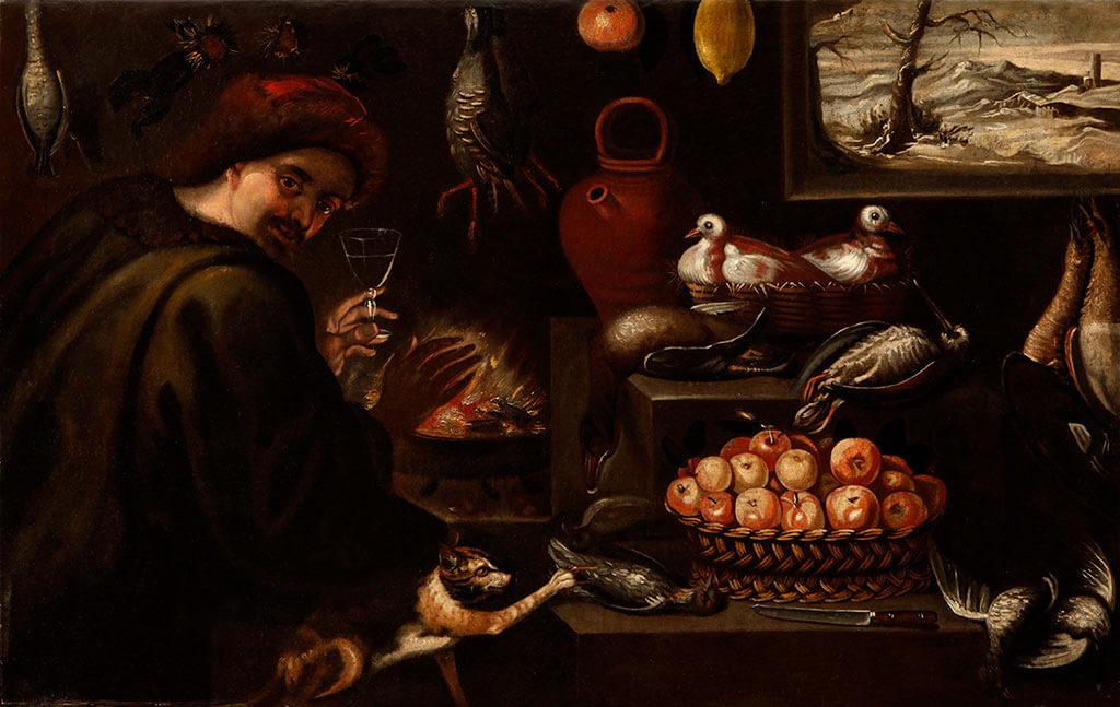 BODEGON DE COCINA CON FIGURA Y ANIMALES - FRANCISCO BARRERA